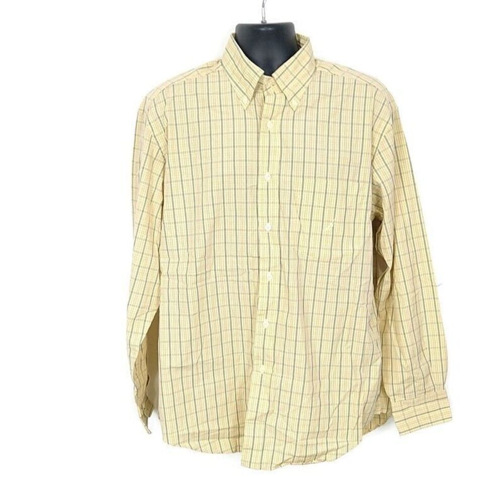 Nautica Mens L Causual Button Up Shirt Yellow Plaid Long Sleeve 80s 2ply Cotton